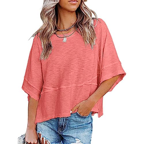 Damen T Shirt Kurzarm Rundhalsausschnitt Bluse Halbe Ärmel Top Sommer 3/4 Ärmel Tunika Oberteil Elegant Einfarbig Lässig Shirts (L) von Cocoarm