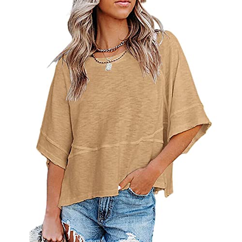 Damen T Shirt Kurzarm Rundhalsausschnitt Bluse Halbe Ärmel Top Sommer 3/4 Ärmel Tunika Oberteil Elegant Einfarbig Lässig Shirts (M) von Cocoarm