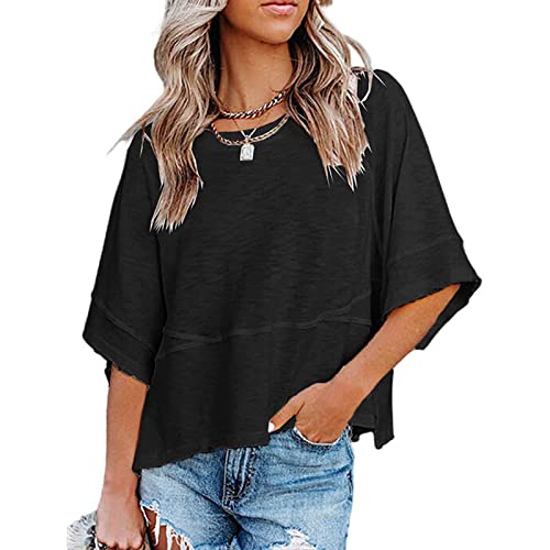 Damen T Shirt Kurzarm Rundhalsausschnitt Bluse Halbe Ärmel Top Sommer 3/4 Ärmel Tunika Oberteil Elegant Einfarbig Lässig Shirts (M) von Cocoarm