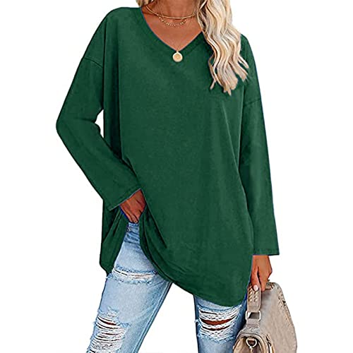 Damen T Shirt V Ausschnitt Langarm Oberteile Lose Bluse Langarmshirts Oversize Tops(L-Grün) von Cocoarm