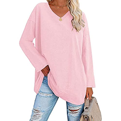 Damen T Shirt V Ausschnitt Langarm Oberteile Lose Bluse Langarmshirts Oversize Tops(XL-Rosa) von Cocoarm