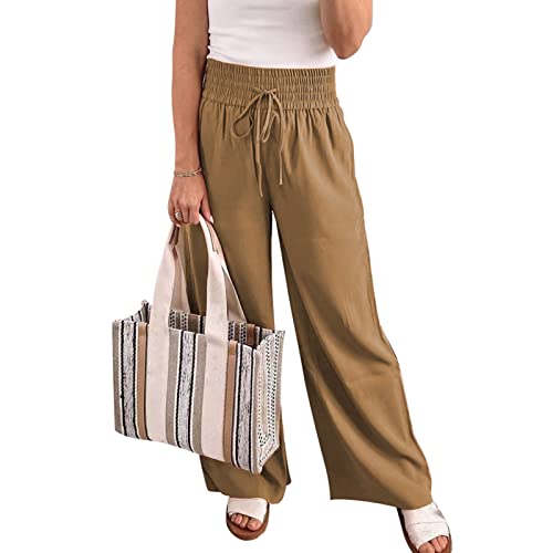 Damenhose mit Hoher Taille, Locker, Weitem Bein, Einfarbig, Elastischer Taille, Lounge-Kordelzug, Fließender Hose mit Taschen(L-Kaffee) von Cocoarm