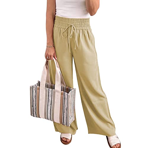 Damenhose mit Hoher Taille, Locker, Weitem Bein, Einfarbig, Elastischer Taille, Lounge-Kordelzug, Fließender Hose mit Taschen(S-Khaki) von Cocoarm