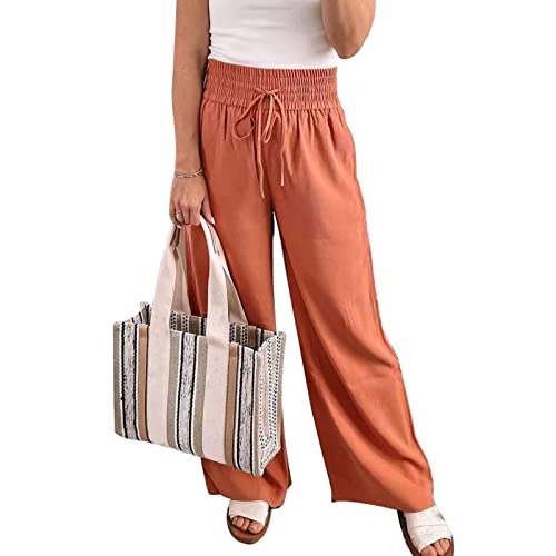 Damenhose mit Hoher Taille, Locker, Weitem Bein, Einfarbig, Elastischer Taille, Lounge-Kordelzug, Fließender Hose mit Taschen(XL-Orange) von Cocoarm