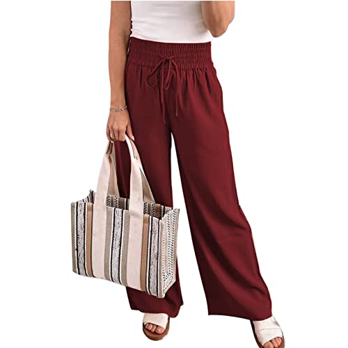 Damenhose mit Hoher Taille, Locker, Weitem Bein, Einfarbig, Elastischer Taille, Lounge-Kordelzug, Fließender Hose mit Taschen(XL-Weinrot) von Cocoarm