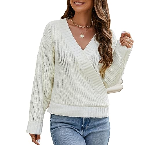 Einfarbiger Pullover, Lässiger Stil, Lockere Strickwaren, Damen-Pullover mit V-Ausschnitt und Langen Ärmeln, überschnittene Schulter, Strickoberteil (S) von Cocoarm