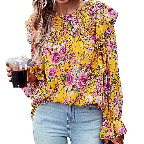 Frauen Blumen Hemd Rüschen Schulter Rundhals Pullover Hemd Herbst Winter Langarm Bluse Lose Saum Casual Bluse Top (XL) von Cocoarm