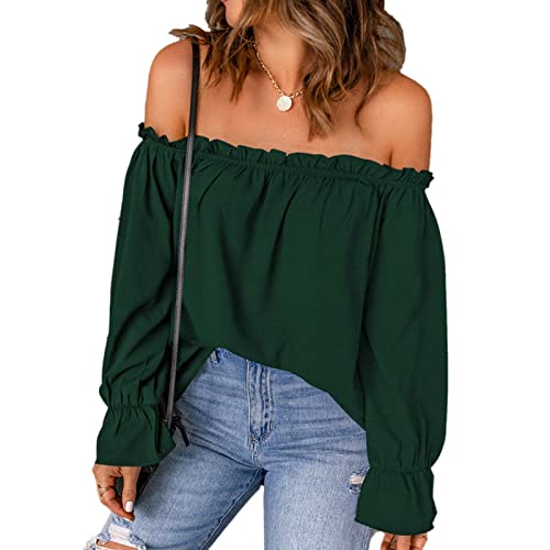 Frauen Kausalen Chiffon Bluse Frauen Off Schulter Lange Ärmel Plissee Design Reine Farbe Shirt Top Frauen Elegantes Hemd (XXL) von Cocoarm