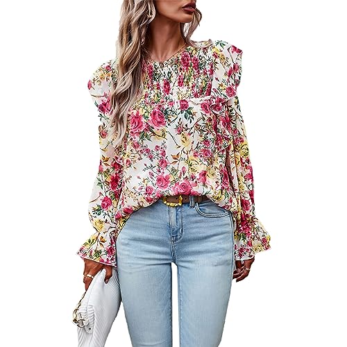 Frauen Lose Hemd Herbst Winter Pullover Hemd Mode Blumen Hemd Casual Bouse Rüschen Schulter Langarm Shirts (XL) von Cocoarm