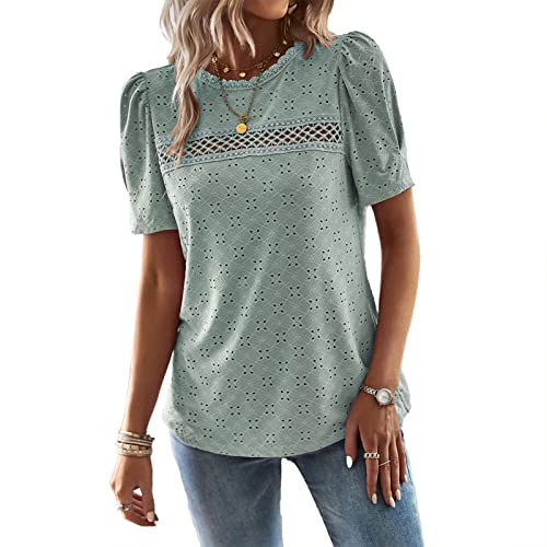 Frauen Sommer Top Rundhals Pullover Stilvolle Puffärmel Lässige Bluse Top Spitze Häkelbesatz Dame Kurzarm T-Shirt (L) von Cocoarm