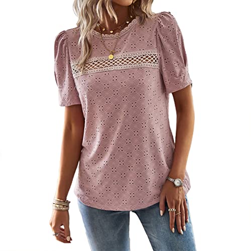 Frauen Sommer Top Rundhals Pullover Stilvolle Puffärmel Lässige Bluse Top Spitze Häkelbesatz Dame Kurzarm T-Shirt (L) von Cocoarm