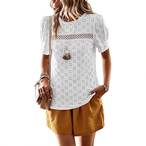 Frauen Sommer Top Rundhals Pullover Stilvolle Puffärmel Lässige Bluse Top Spitze Häkelbesatz Dame Kurzarm T-Shirt (L) von Cocoarm