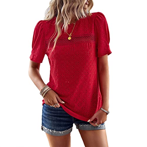 Frauen Sommer Top Rundhals Pullover Stilvolle Puffärmel Lässige Bluse Top Spitze Häkelbesatz Dame Kurzarm T-Shirt (M) von Cocoarm