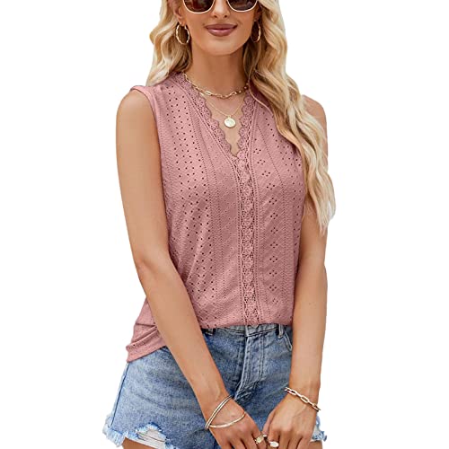 Frauen V-ausschnitt Camisoles Hohl Tank Top Weste Dame Ärmellose Shirts Elegante Spitze Trim Lose Fit T-shirts Bluse Leibchen (S) von Cocoarm