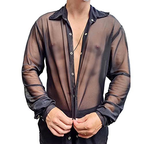Herren Langarmshirt Transparent Netzhemd Mesh Top Netz Shirt Hemd mit Knöpfen Sexy Erotik Unterwäsche Clubwear(m-Schwarz) von Cocoarm