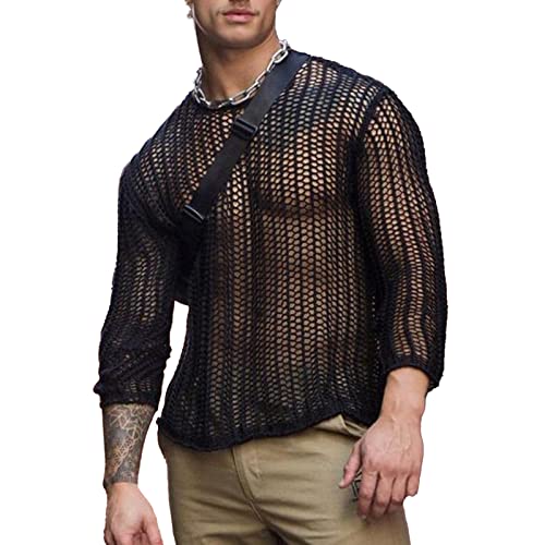 Herren Transparent Shirts Langarm Netz Unterhemd Durchsichtig T-Shirt Sexy Mesh Top Clubwear Erotik Unterwäsche Mode Bluse Casual Oberteile Sweatshirt(XXL-Schwarz) von Cocoarm