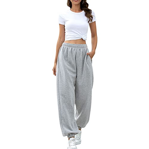 Jogginghose Damen Hosen Oversized Lang Freizeithosen Lässige Loose Sweathose Elastischer Bund Sporthose mit Taschen Casual Mode Herbst Winter Trainingshose mit extra Flaum(L-Grau) von Cocoarm