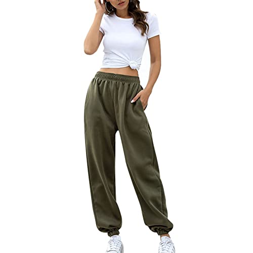 Jogginghose Damen Hosen Oversized Lang Freizeithosen Lässige Loose Sweathose Elastischer Bund Sporthose mit Taschen Casual Mode Herbst Winter Trainingshose mit extra Flaum(L-OD-Grün) von Cocoarm