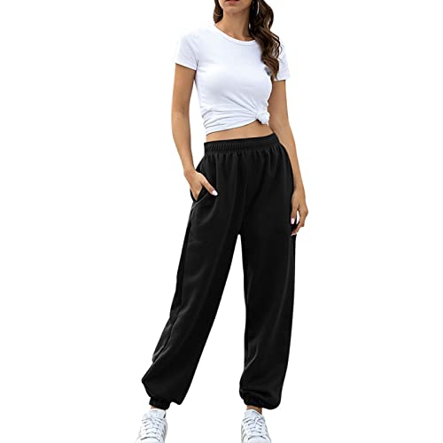 Jogginghose Damen Hosen Oversized Lang Freizeithosen Lässige Loose Sweathose Elastischer Bund Sporthose mit Taschen Casual Mode Herbst Winter Trainingshose mit extra Flaum(L-Schwarz) von Cocoarm