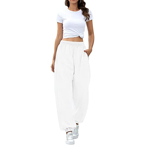 Jogginghose Damen Hosen Oversized Lang Freizeithosen Lässige Loose Sweathose Elastischer Bund Sporthose mit Taschen Casual Mode Herbst Winter Trainingshose mit extra Flaum(S-Weiß) von Cocoarm