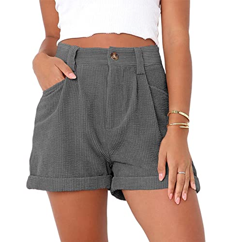 Kurze Hosen für Damen, Mittlere Taille, Sommershorts, Atmungsaktive Cord-Shorts, Reine Farbe, Lässige Shorts mit Taschen (3XL) von Cocoarm