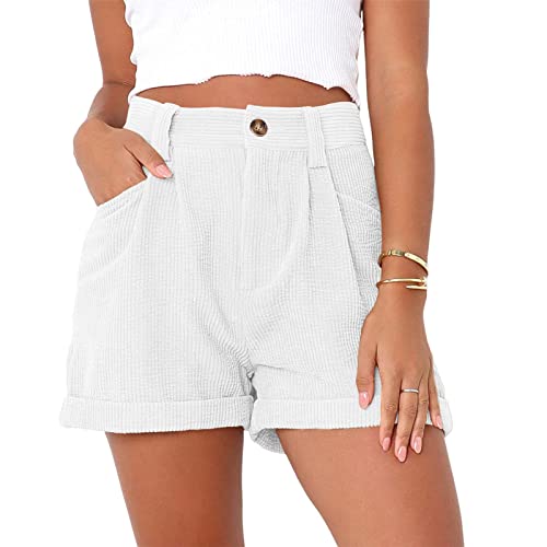 Kurze Hosen für Damen, Mittlere Taille, Sommershorts, Atmungsaktive Cord-Shorts, Reine Farbe, Lässige Shorts mit Taschen (L) von Cocoarm