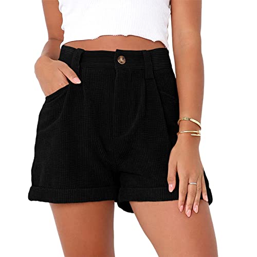 Kurze Hosen für Damen, Mittlere Taille, Sommershorts, Atmungsaktive Cord-Shorts, Reine Farbe, Lässige Shorts mit Taschen (S) von Cocoarm