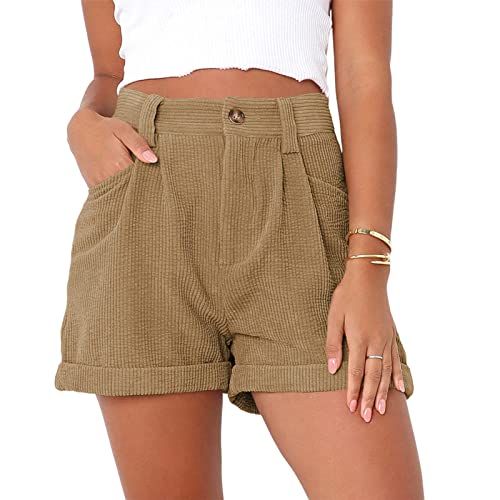 Kurze Hosen für Damen, Mittlere Taille, Sommershorts, Atmungsaktive Cord-Shorts, Reine Farbe, Lässige Shorts mit Taschen (XL) von Cocoarm