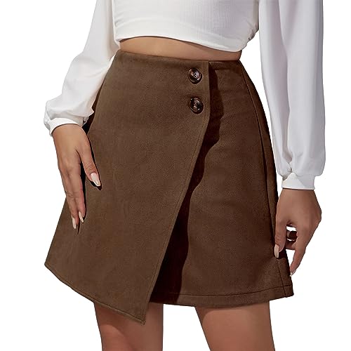 Kurzer Wickelrock für Damen, Schnallenverzierung, Minirock mit Hoher Taille, Asymmetrischer Schlitz, Rock aus Wildlederimitat für Herbst und Winter (S) von Cocoarm