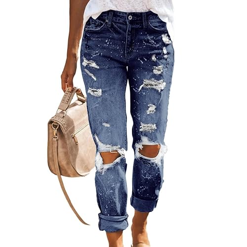 Lässige Jeans für Damen, Street-Style, Zerrissene, Gewaschene Denim-Chinos, Knopf- und Reißverschluss, Stretch-Jeans Im Used-Look für Damen (L) von Cocoarm