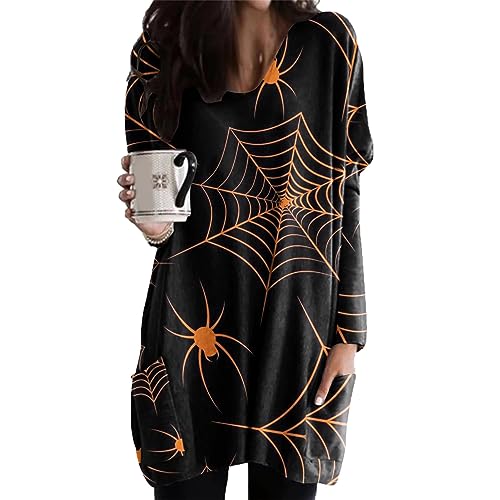 Langärmliges Halloween-T-Shirt für Damen, Langes, Lässiges Halloween-Oberteil, Locker Geschnittenes Pullover-Oberteil mit Rundhalsausschnitt und Taschen (XXL) von Cocoarm