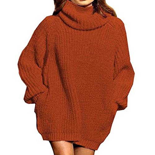 Pulloverkleid mit Rollkragen Damen Langarm Oversize Strickpullover Casual Loose Strickwear Sweater Knit Tops für Herbst Winter(m-Bräunlichrot) von Cocoarm