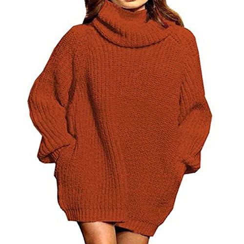 Pulloverkleid mit Rollkragen Damen Langarm Oversize Strickpullover Casual Loose Strickwear Sweater Knit Tops für Winter(m-Bräunlichrot) von Cocoarm