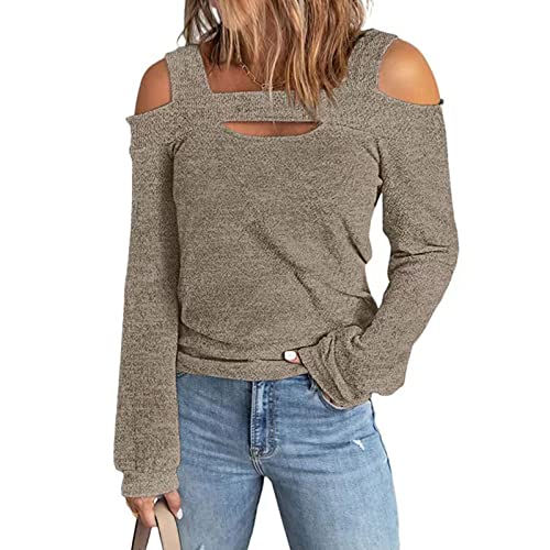 Schulterfreies Damenoberteil Modisches Einfarbiges Langarmoberteil Lockerer Lässiger Pullover Quadratischer Kragen Damen Lässiges Oberteil Damen-Langarmpullover(M-Khaki) von Cocoarm