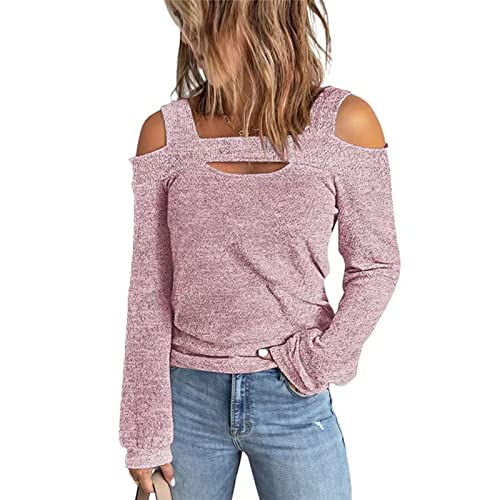 Schulterfreies Damenoberteil Modisches Einfarbiges Langarmoberteil Lockerer Lässiger Pullover Quadratischer Kragen Damen Lässiges Oberteil Damen-Langarmpullover(M-Rosa) von Cocoarm