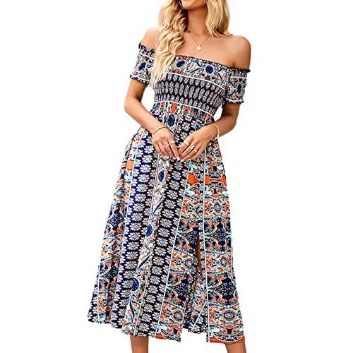 Sommerkleid Damen Sommer Schulterfreies Kleid Maxi Kleider Strandkleid Wickelkleid Ärmellos Blumenkleid Boho Drucken Casual Partykleid Strandkleider Schlitz Freizeitkleid Lang Kleid(L-Dunkelblau) von Cocoarm