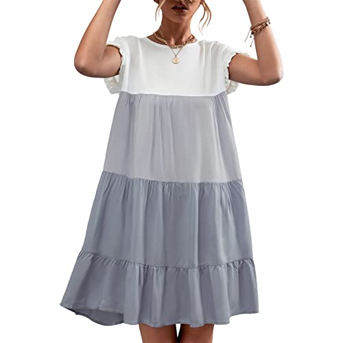 Sommerkleider Damen Freizeitkleid Kurzarm Loose Kleider Strandkleid Kontrastfarbenes Spleißkleid Kleid mit Rüschenbündchen Maschinenwaschbar Sommer Casual Rundhals Kleid Swing Kleider(m-Grau) von Cocoarm