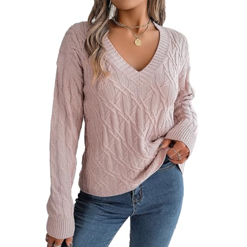 Zopfstrickpullover für Damen mit V-Ausschnitt, Warm Haltend, Lockere Passform, Modischer Langarmpullover für den Täglichen Gebrauch (M) von Cocoarm