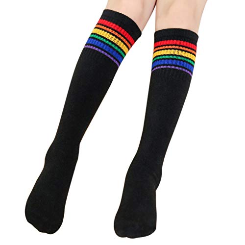 Cocohot Hohe Kniestrümpfe, Kinder-Regenbogen-Streifensocken über den Kniestrümpfen, Sportsocken Studenten lange Socken (Schwarz, M) von Cocohot