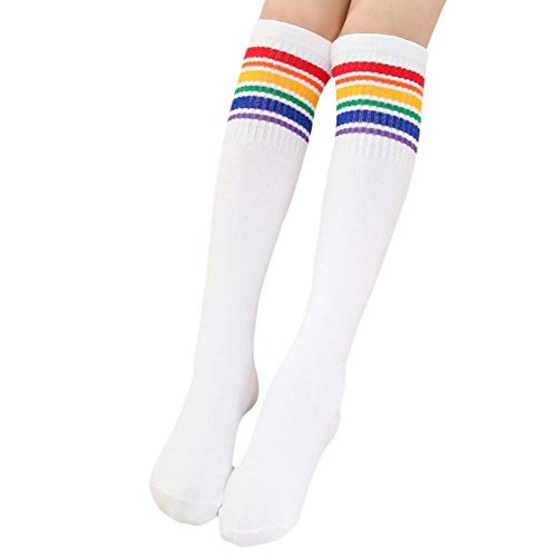 Cocohot Hohe Kniestrümpfe, Kinder-Regenbogen-Streifensocken über den Kniestrümpfen, Sportsocken Studenten lange Socken (Weiß, S) von Cocohot