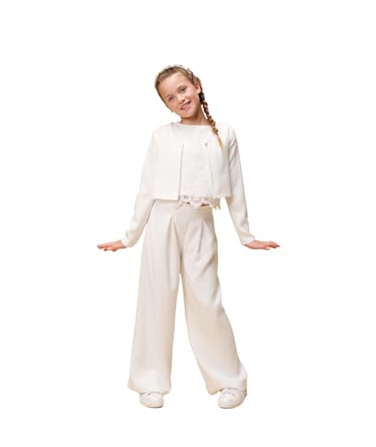 Cocolina4kids Bian Corella Mädchen Kommunion Hose Set mit Top und Strickjacke Kommunionkleid Kommunionset Mädchen Blumenmädchen (DE/NL/SE/PL, Numerisch, 140, Regular, Off-white) von Cocolina4kids