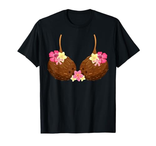 Coconut Summer Coconuts BH Lustige Kokosnuss Damen T-Shirt Schwarz S Klassisch geschnitten mit tropischen Blumen und Kokosnussschalen für Strand, Party und Urlaub von Coconut Summer Coconuts BH Lustige Kokosnuss