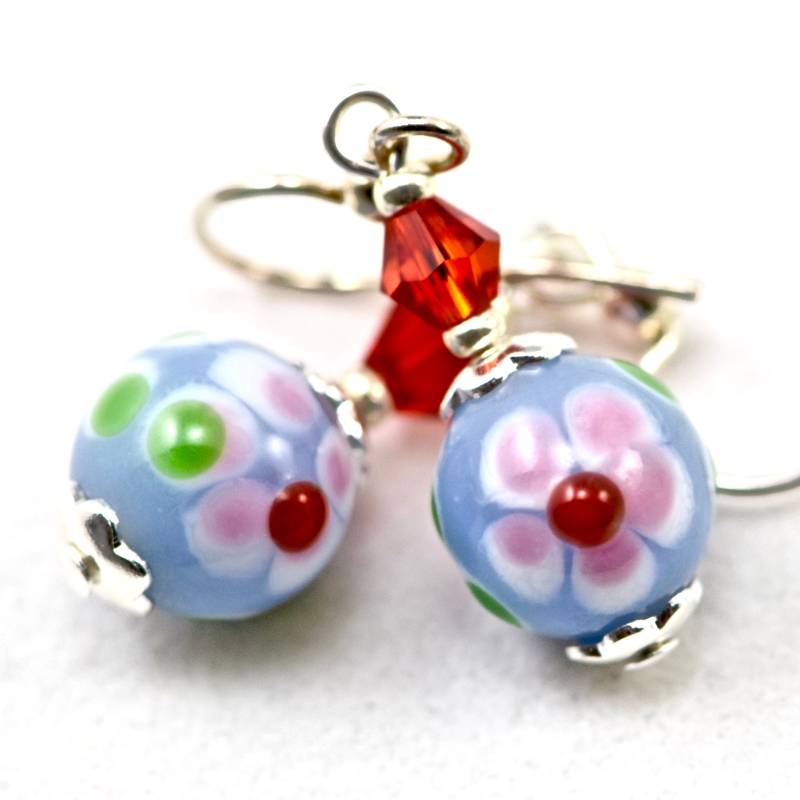 Blau Rote Blume Lampwork Glas Kristall Silber Ohrringe Blau Rote Blume Lampwork Glas Kristall Silber Ohrringe von CoconutGroveGalleria