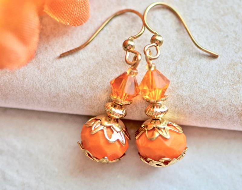 Orange Facettierte Glasperlen Kristall Gold Ohrringe von CoconutGroveGalleria