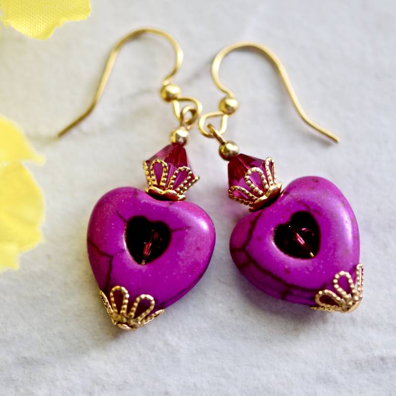 Rot Violett Lila Stein Herz Kristall Gold Ohrringe Rot Violett Lila Stein Herz Kristall Gold Ohrringe von CoconutGroveGalleria