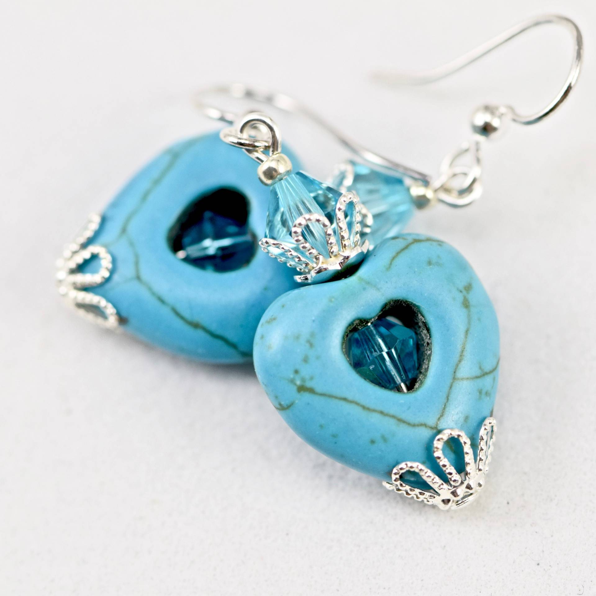 Türkis Blauer Stein Herz Kristall Silber Ohrringe - Edelstein Perlen Valentinstag Türkis Blauer Stein Herz Kristall Silber Ohrringe - Edelstein Perlen Valentinstag von CoconutGroveGalleria