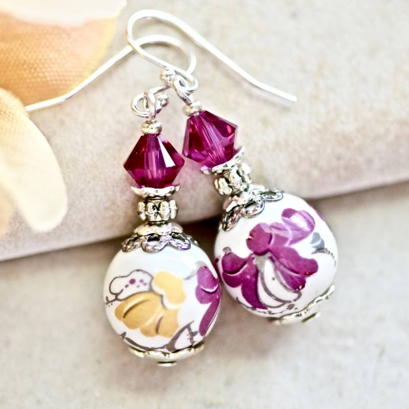 Weiße Fuchsia Lila Band Gelb Kristall Silber Ohrringe Weiße Fuchsia Lila Band Gelb Kristall Silber Ohrringe von CoconutGroveGalleria