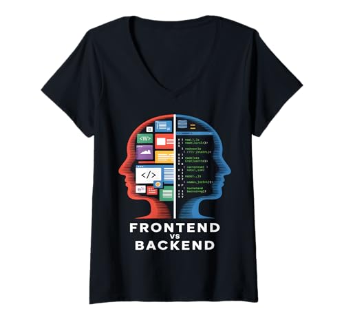 Damen Frontend vs Backend-Entwickler T-Shirt mit V-Ausschnitt Damen Frontend vs Backend-Entwickler T-Shirt mit V-Ausschnitt von Code Logic Apparel