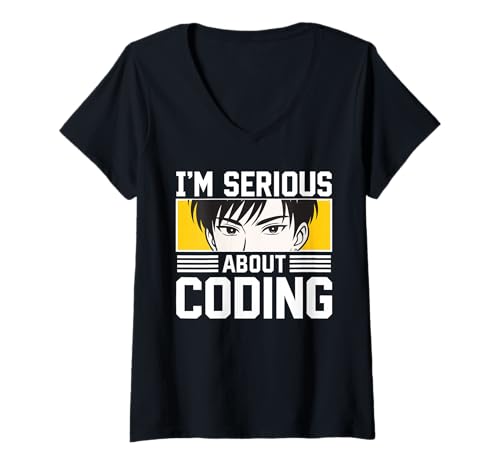 Damen I'm Serious About Coding Anime Eyes Programmer Developer T-Shirt mit V-Ausschnitt von Code Warrior Store
