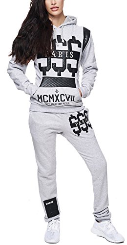 Code47 Damen Jogginganzug Jogging Hose Jacke Paris Dollar Sportanzug Sporthose Fitness Hoodie S Grau von Code47